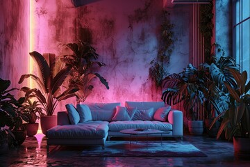 The interior of the living room with a sofa and indoor plants at night with pink neon lighting.