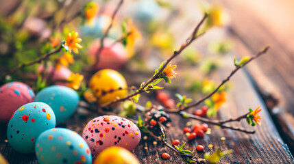 Fototapeta na wymiar Easter eggs with spring flowers on rustic wooden background, festive concept. Shallow field of view. 