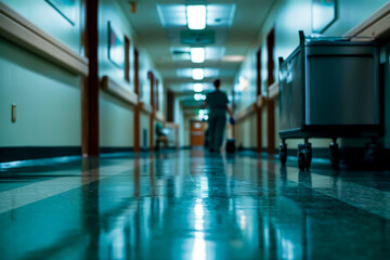 Empty hospital hallway with dim cool lighting. Concept of hospital stay, problems and need for medical staff. Shallow field of view.