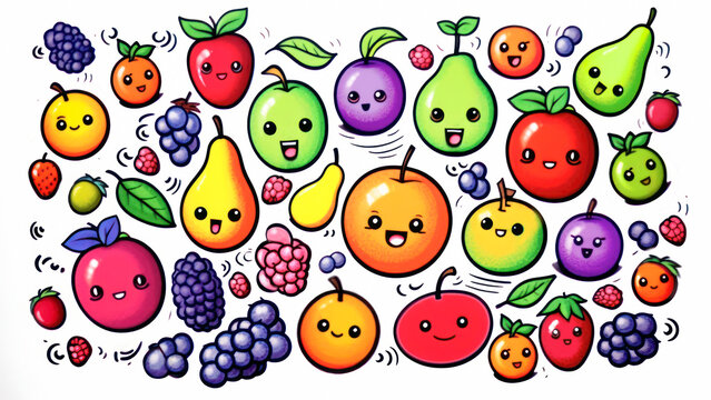 Cute cartoon fruits set. Kawaii characters emoji fruit, apple, peach, orange, pear and lemon, 3d style. Funny emotion food illustration for phone case, kids, package, sticker, patch