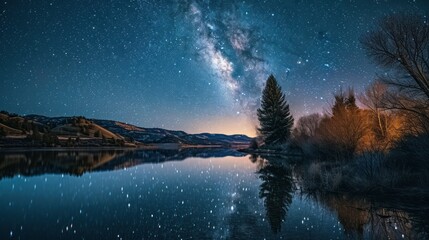 Milky Way over serene lake and silhouetted landscape