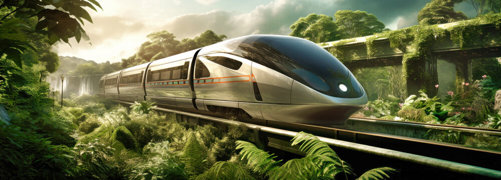 Futuristic supersonic train or hyperloop ultrasonic train capsule with fully activated automatic driving system in the city. Ecology.