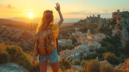 Solo traveler waves goodbye to the sunset in a quaint town. a journey's farewell. calm evening light. AI