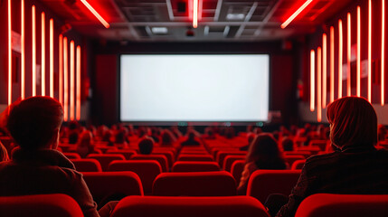 Cinema blank screen and people in red chairs in the cinema hall. Blurred People silhouettes watching movie performance. Made with generative ai - obrazy, fototapety, plakaty