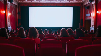 Obraz premium Cinema blank screen and people in red chairs in the cinema hall. Blurred People silhouettes watching movie performance. Made with generative ai