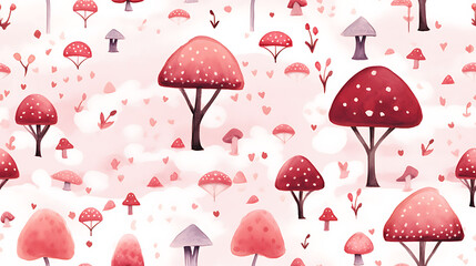 Fototapeta na wymiar seamless background with mushrooms and hearts on a white background. - Seamless tile. Endless and repeat print.