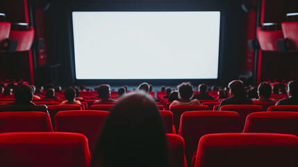 Obraz premium Cinema blank screen and people in red chairs in the cinema hall. Blurred People silhouettes watching movie performance. Made with generative ai