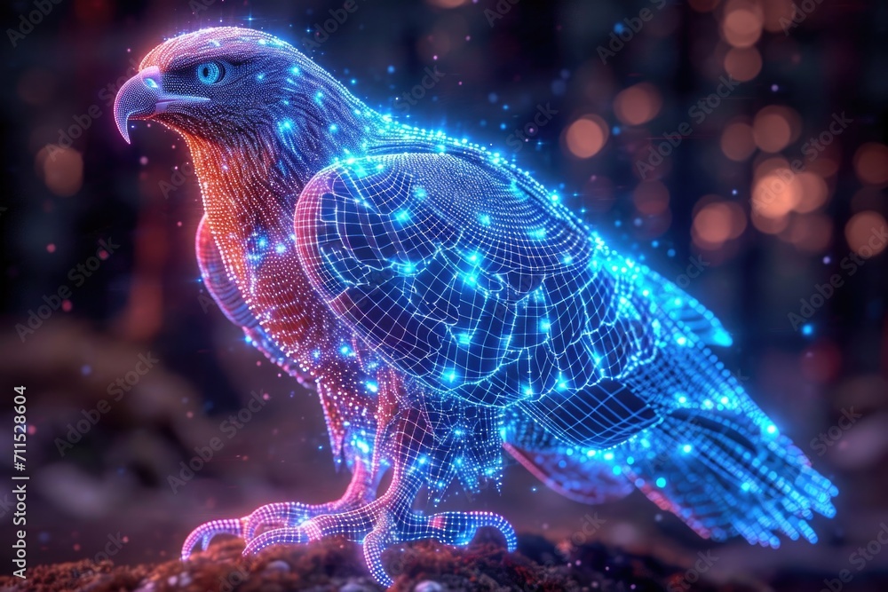 Poster a bird of prey sitting on top of a rock. artificial glowing object, concept for a software visualiza