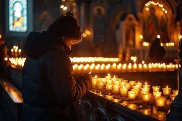Deurstickers Individual lighting a candle in a church - offering prayers and thoughts for a departed soul - surrounded by a quiet and contemplative ambiance. © Davivd