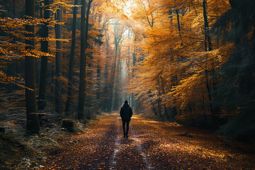 Solitary person walking in an autumn forest - deep in thought - reflecting on loss and memories -...