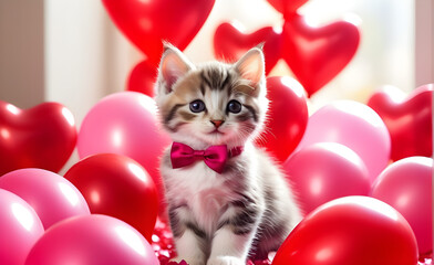 Fototapeta na wymiar Kitten sitting amidst a sea of pink and red heart-shaped balloons, rose petals scattered around, romantic atmosphere, detailed texture of the cat's fur. Generative AI