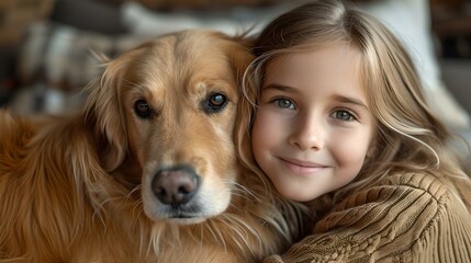 Smiling young girl embracing her golden retriever. joyful moments with pets captured beautifully. AI