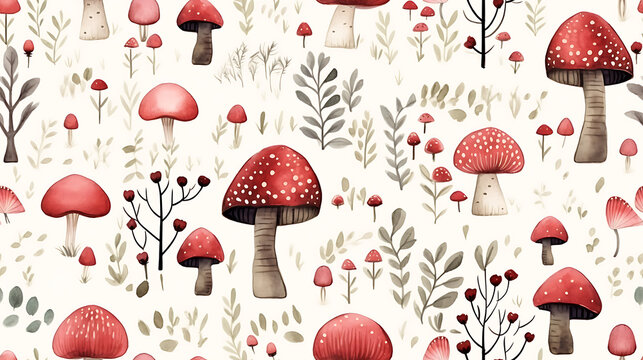 seamless background with mushrooms and hearts on a white background. - Seamless tile. Endless and repeat print.