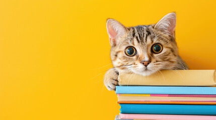 Cute fluffy cat peeks out from behind a stack of books on a yellow background - obrazy, fototapety, plakaty