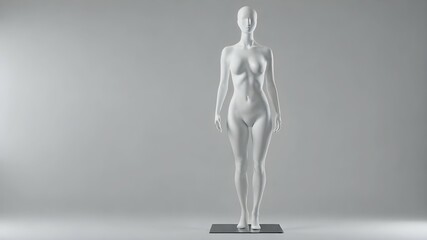 A white female mannequin without a face stands straight on a white background with copy space.