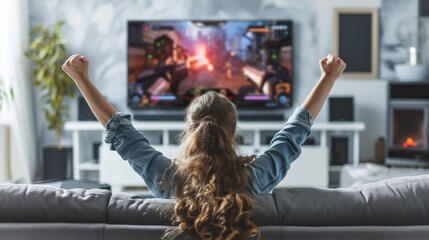 Young girl celebrating victory in video game on couch at living room.