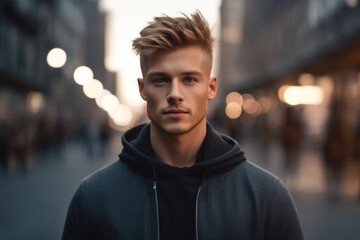 Fototapeta premium A stunning shot of a young European man walking down the street of a bustling city, in a serene and calm manner