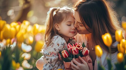 Little daughter hugging her mother and gives her a bouquet of flowers tulips at home. Happy Mother's day concept. - obrazy, fototapety, plakaty