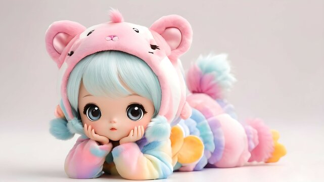 Little adorable girl doll in a cute bear animal costume on white background. Anime doll in a colorful fluffy suit.