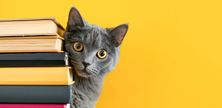 Cute fluffy cat peeks out from behind a stack of books on a yellow background