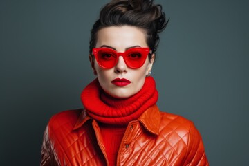 Fashion portrait of young woman in red leather jacket and red sunglasses