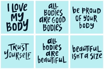 Fototapete Positive Typografie Set of hand-drawn quotes about body positive. Creative lettering illustrations for posters, cards, etc.