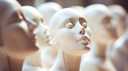 A white painted female mannequin head on a soft background, with features highlighted by the side lighting. Closeup plastic mannequin heads against blurred background. Shallow focus.