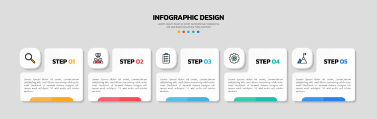 Modern business infographic template, square shape with 5 options or steps icons.