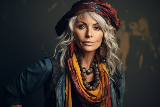 Portrait of a beautiful hippie woman in a hat and scarf.