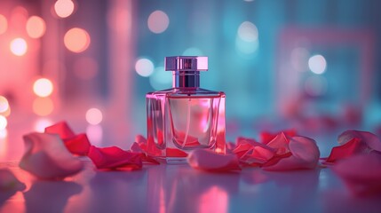 Obraz na płótnie Canvas Perfume bottle with rose petals in soft light