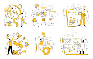 Conceptual innovation vector illustration. Brainstorming and knowledge are dynamic winds steering ship innovative ideas The tapestry achievement is woven from threads conceptual innovation