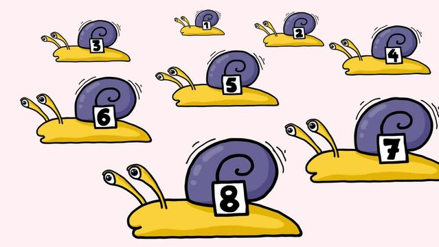 Snails with numbers on light background. Cartoon character animations. Rivalry business metaphor, education, etc. Games ona a red circuit.