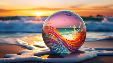 Beautiful wallpaper, a transparent sphere with colorful waves on the beach, desktop wallpaper, background