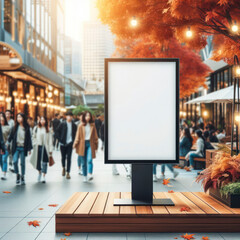 signboard mockup for offers or advertisement in public area with blured people walking autumn background. ai generative