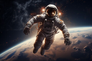 An astronaut floating in space, with a view of Earth in the background. Astronaut in outer space over the planet Earth. Generated AI.