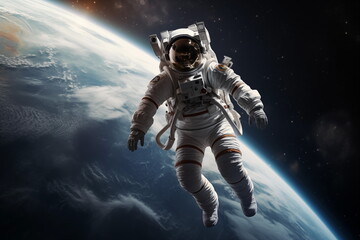 An astronaut floating in space, with a view of Earth in the background. Astronaut in outer space over the planet Earth. Generated AI.