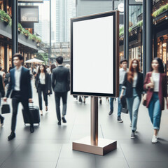 display blank clean screen mockup for offers or advertisement in public area with blured people walking. ai generative