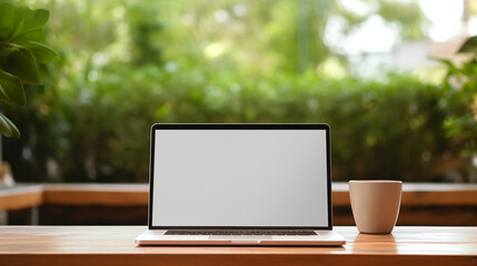 a laptop with a blank screen with a blurred garden background