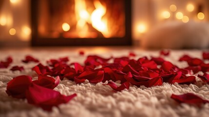 Red rose petals on white rug, fireplace in background. Close-up shot.