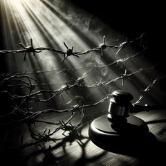 justice barbed wire on a black background dramatic light. ai generative