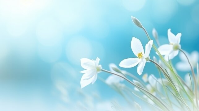 Spring snowdrops on blue background. First spring blooming Delicate Snowdrop flowers. Illustration for postcard, template, card. Copy Space. International happy womens day, 8 March, Mothers  concept..