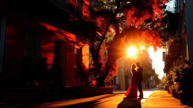 Tango Magic at Sunset: Witness an Argentine Couple Capturing the Essence of Romance and Tradition, Tango Dancing in Buenos Aires' Historic District Under the Mesmerizing Sunset.	
