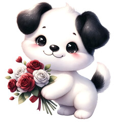 A cute white dog with black ears on Valentine's Day