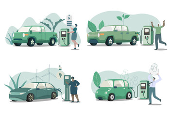 Set of electric car electric pickup with electric charging station, Eco friendly sustainable, Clean green energy from renewable sources, Concept of caring for the environment on earth. Vector design. - obrazy, fototapety, plakaty