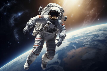 An astronaut floating in space, with a view of Earth in the background. Astronaut in outer space over the planet Earth. Generated AI.