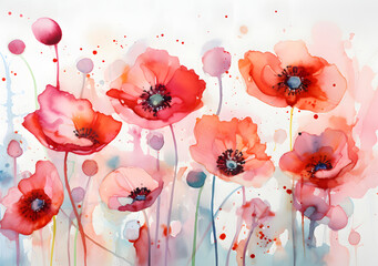 abstract watercolor drawing of poppy flowers, bright vivid colors, aquarelle painting