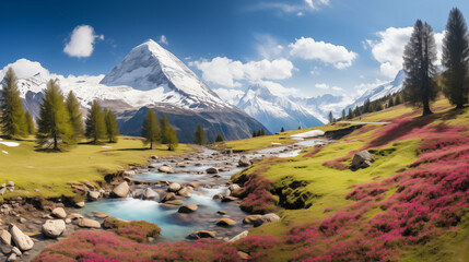 The beauty of a mountain landscape in spring, meadows ablaze with blooming flowers; capture the serenity of snow-covered peaks, the play of sunlight on the blossoms