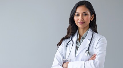 Confident Female Doctor with Stethoscope on Grey Background