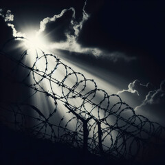 silhouette of a barbed wire on a black background dramatic light. ai generative - obrazy, fototapety, plakaty