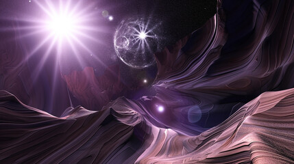 Abstract Dreamscape Gem Studded Tall Canyon Under Supernova Stars. Copy paste area for texture - obrazy, fototapety, plakaty
